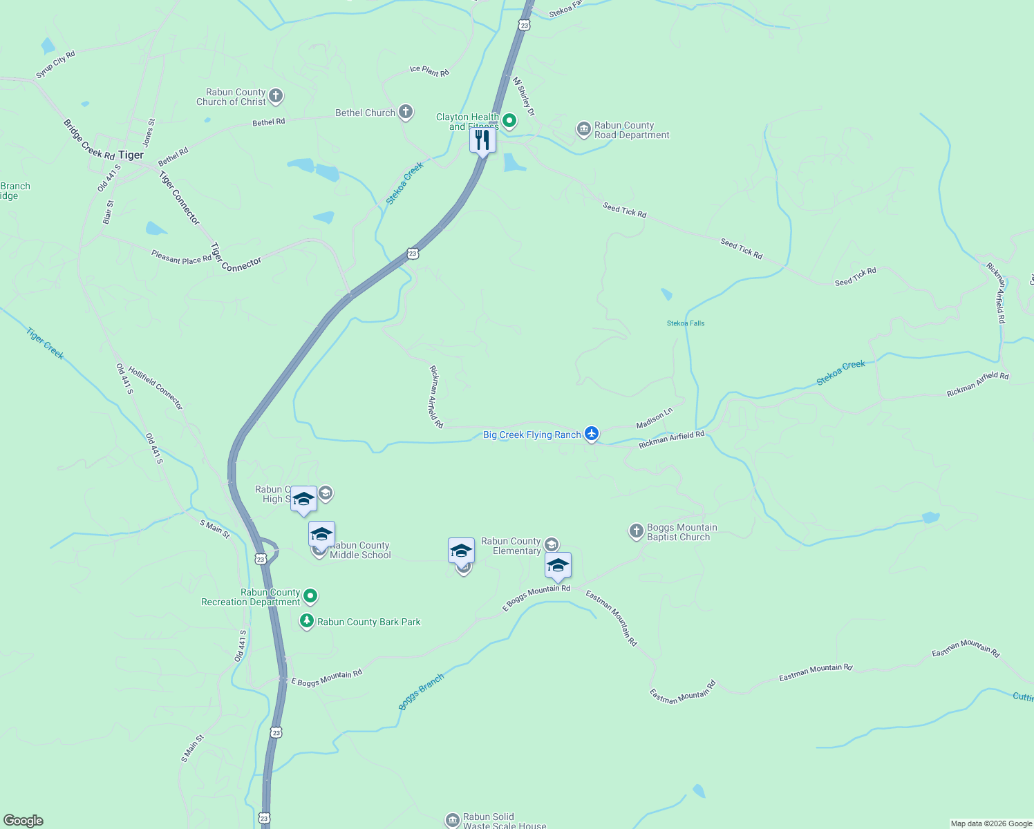 map of restaurants, bars, coffee shops, grocery stores, and more near 1063 Rickman Airfield Road in Clayton
