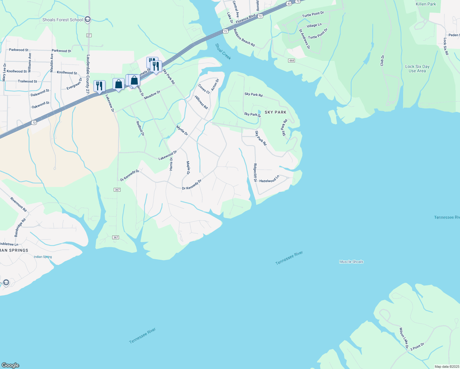 map of restaurants, bars, coffee shops, grocery stores, and more near Taylor Drive in Lauderdale County