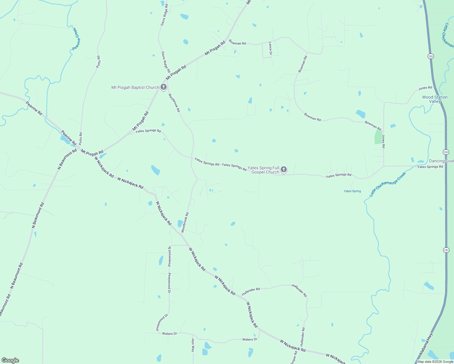 map of restaurants, bars, coffee shops, grocery stores, and more near 1821 Yates Springs Road in Ringgold