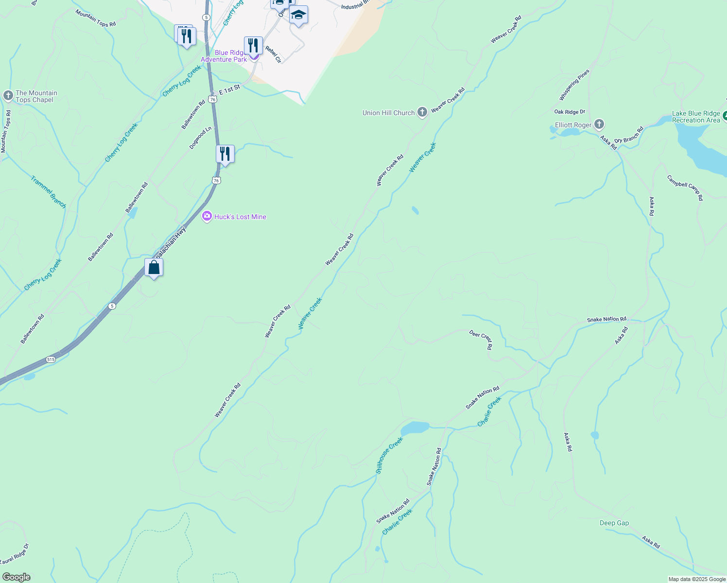 map of restaurants, bars, coffee shops, grocery stores, and more near 552 Weaver Creek Way in Blue Ridge