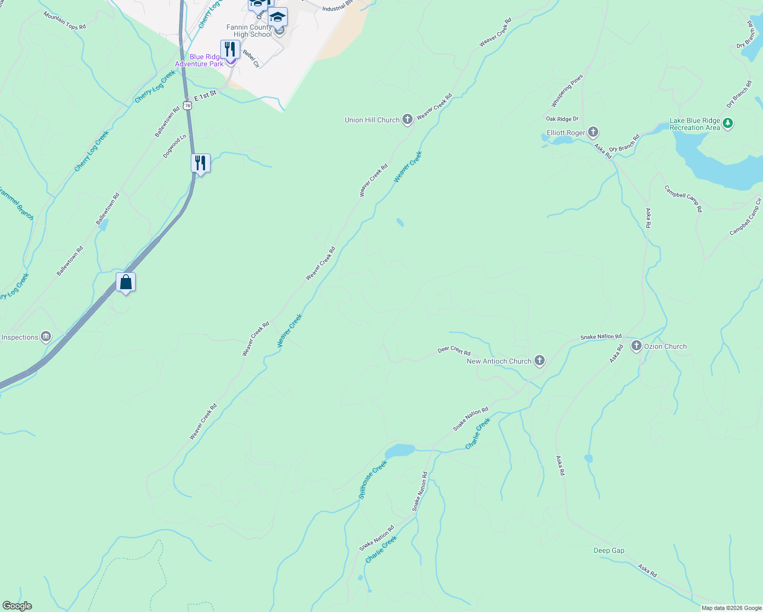 map of restaurants, bars, coffee shops, grocery stores, and more near 747 Weaver Creek Way in Blue Ridge