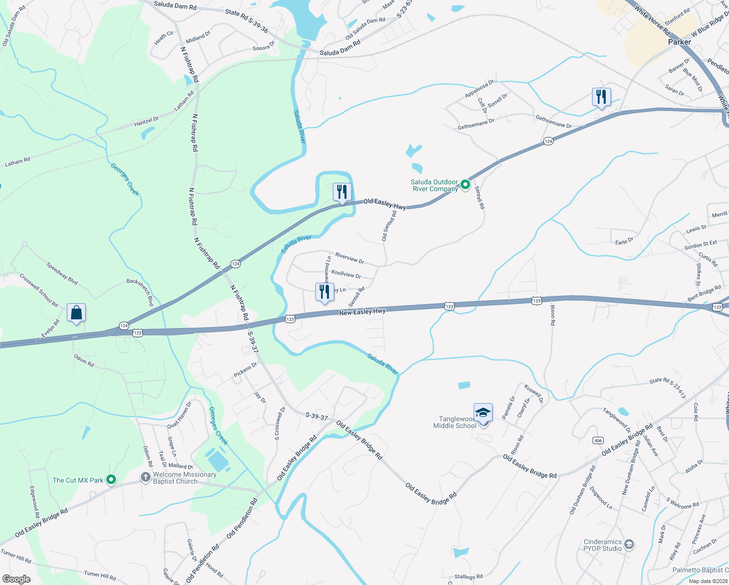map of restaurants, bars, coffee shops, grocery stores, and more near 615 Sentell Road in Greenville