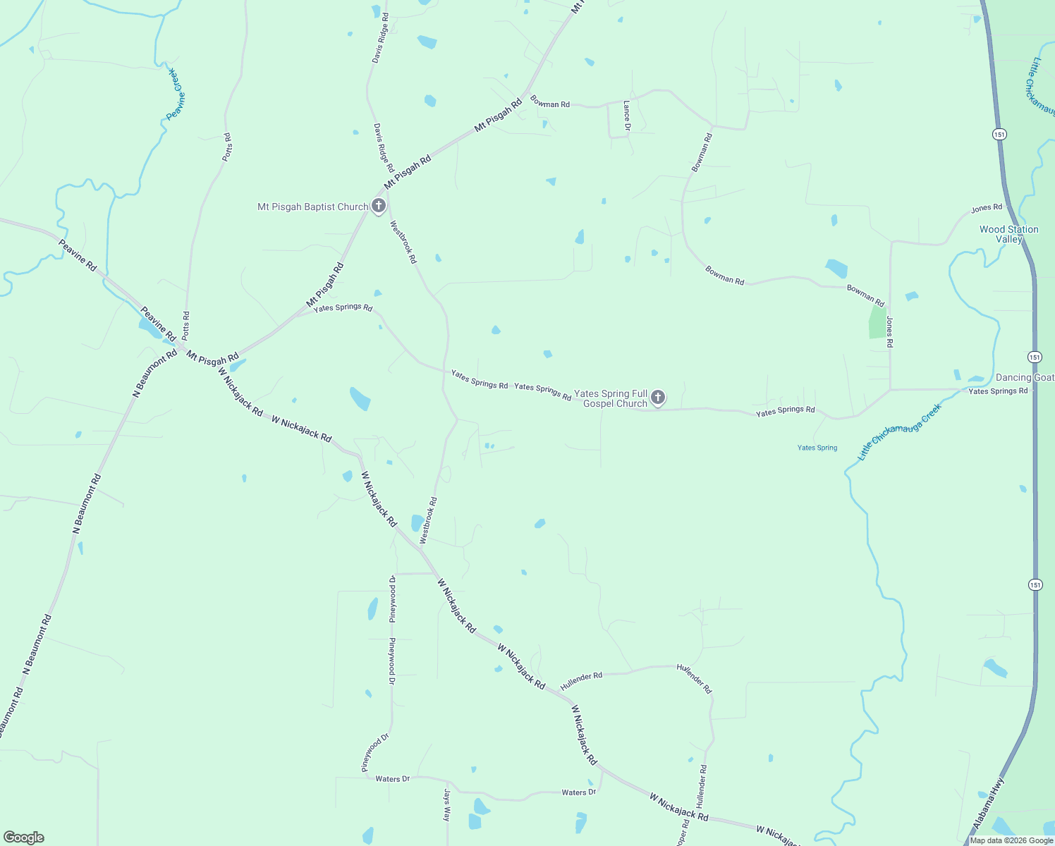 map of restaurants, bars, coffee shops, grocery stores, and more near 1821 Yates Springs Road in Ringgold