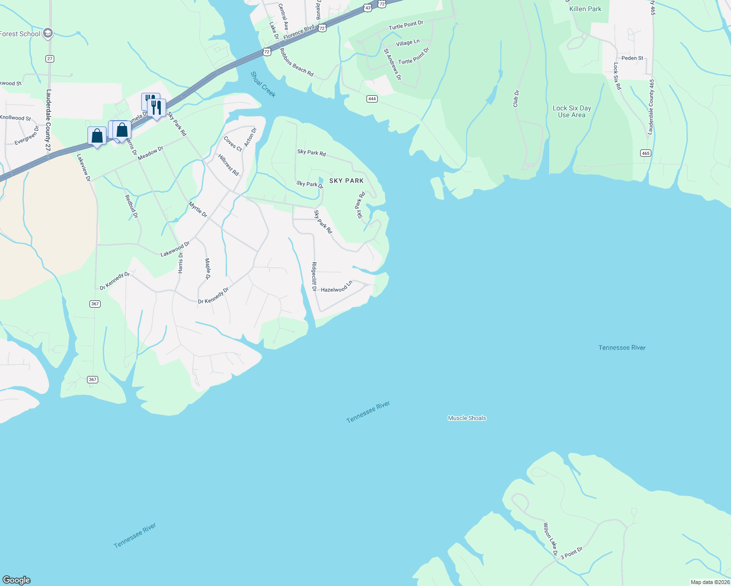 map of restaurants, bars, coffee shops, grocery stores, and more near 877 Ridgecliff Drive in Florence
