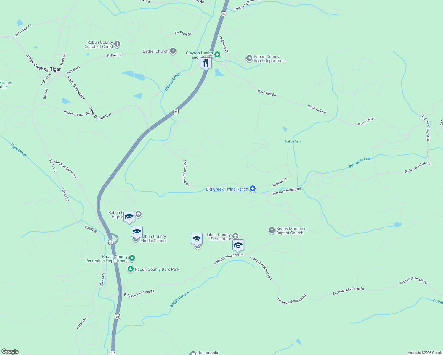 map of restaurants, bars, coffee shops, grocery stores, and more near 1063 Rickman Airfield Road in Clayton
