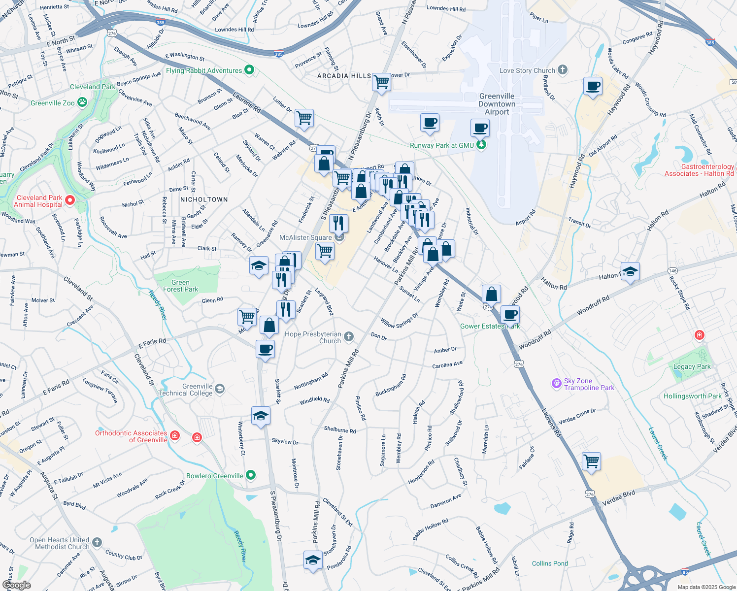 map of restaurants, bars, coffee shops, grocery stores, and more near 8 Plymouth Avenue in Greenville