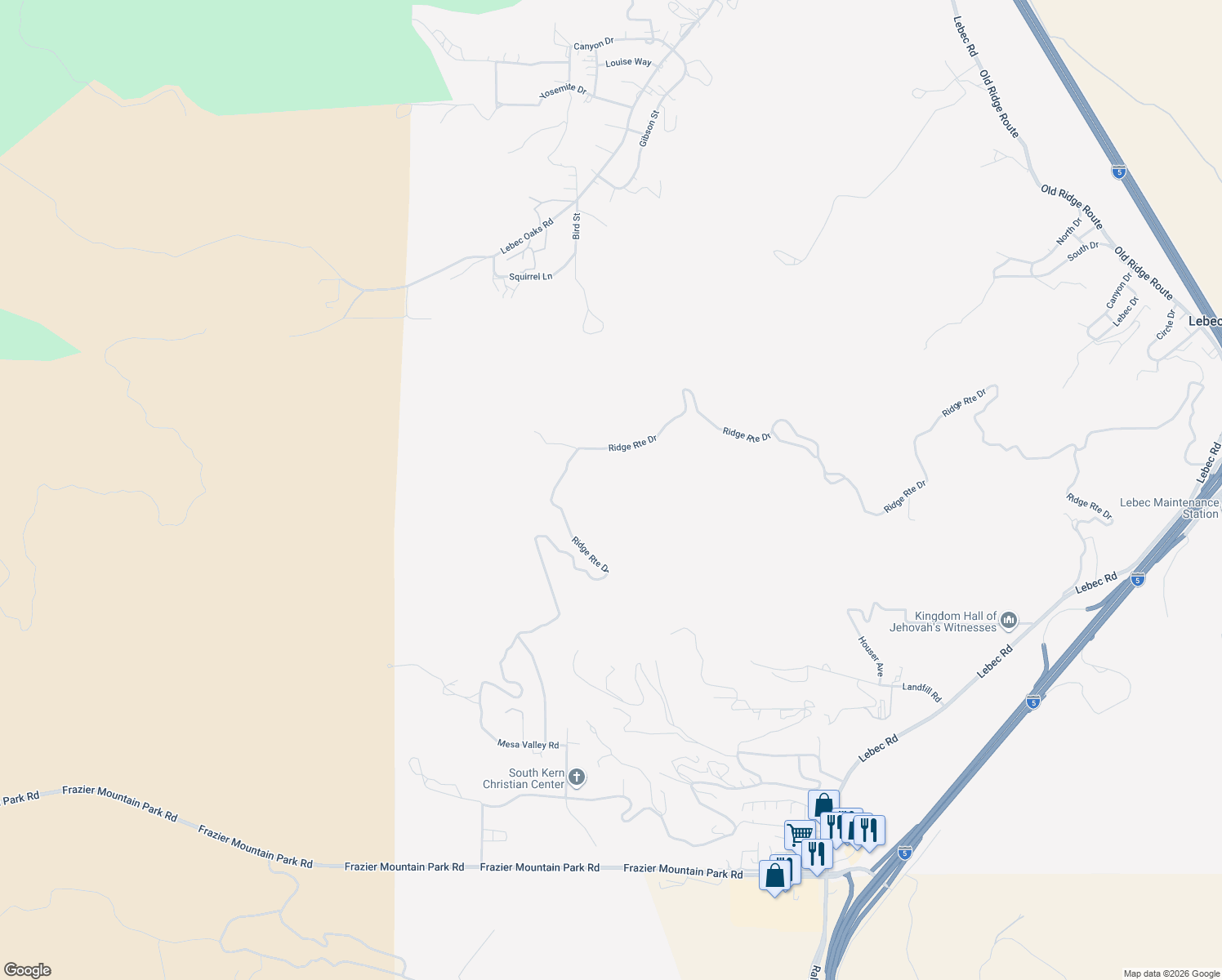 map of restaurants, bars, coffee shops, grocery stores, and more near 4501 Ridge Route Drive in Lebec