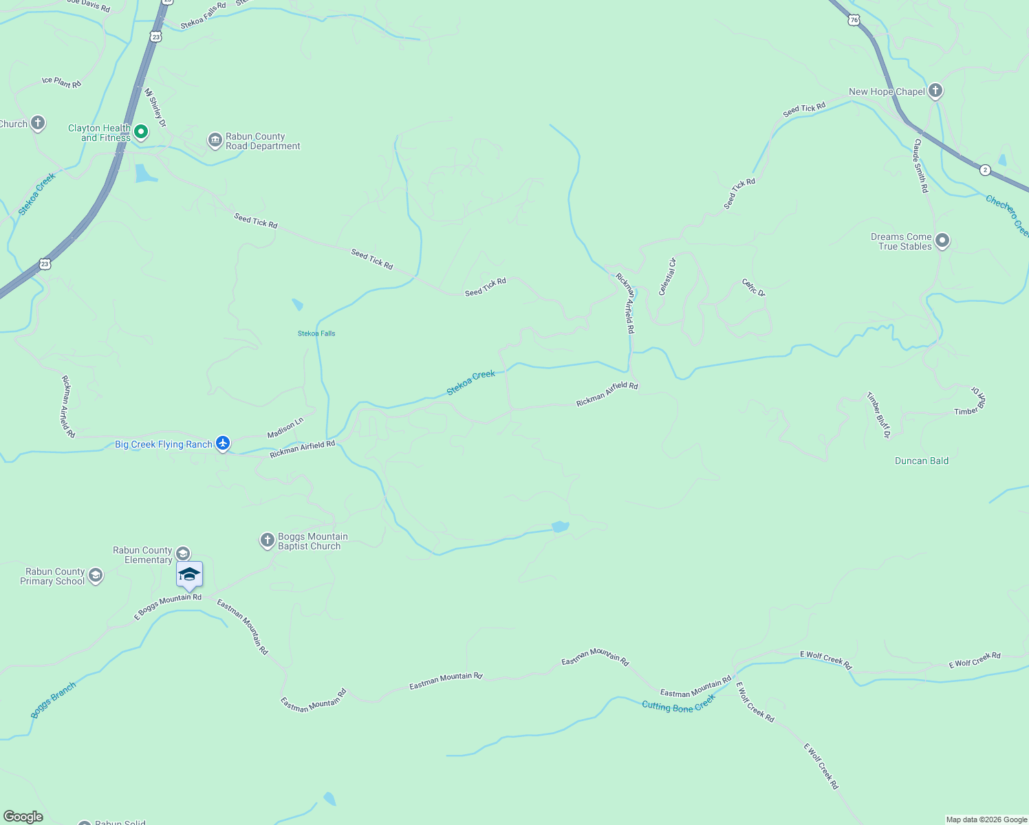 map of restaurants, bars, coffee shops, grocery stores, and more near Rickman Airfield Road in Clayton