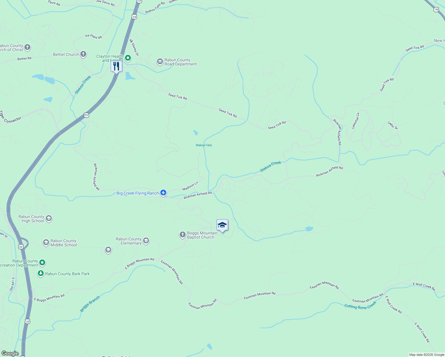 map of restaurants, bars, coffee shops, grocery stores, and more near Rickman Airfield Road in Clayton