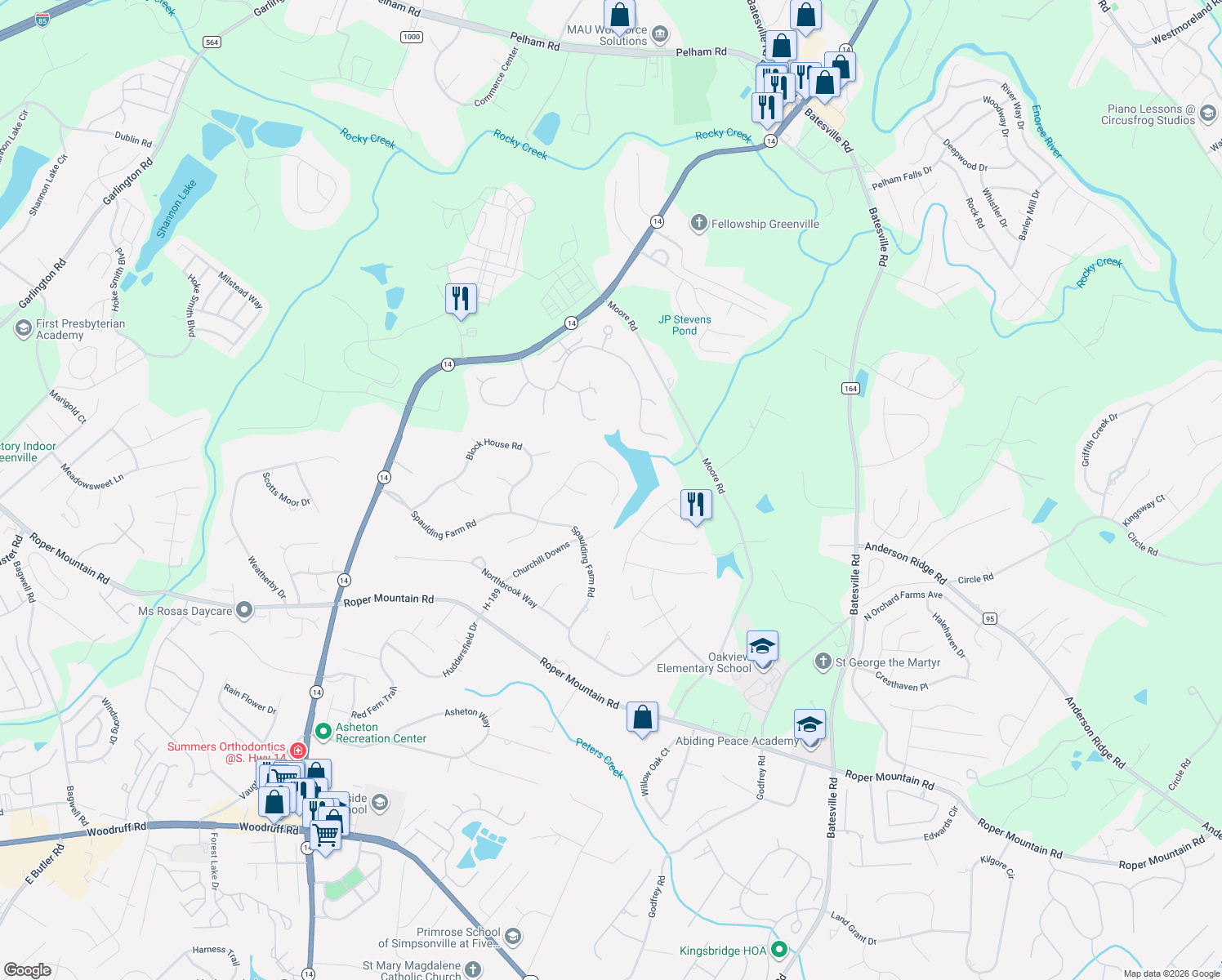 map of restaurants, bars, coffee shops, grocery stores, and more near 518 Spaulding Lake Drive in Greenville