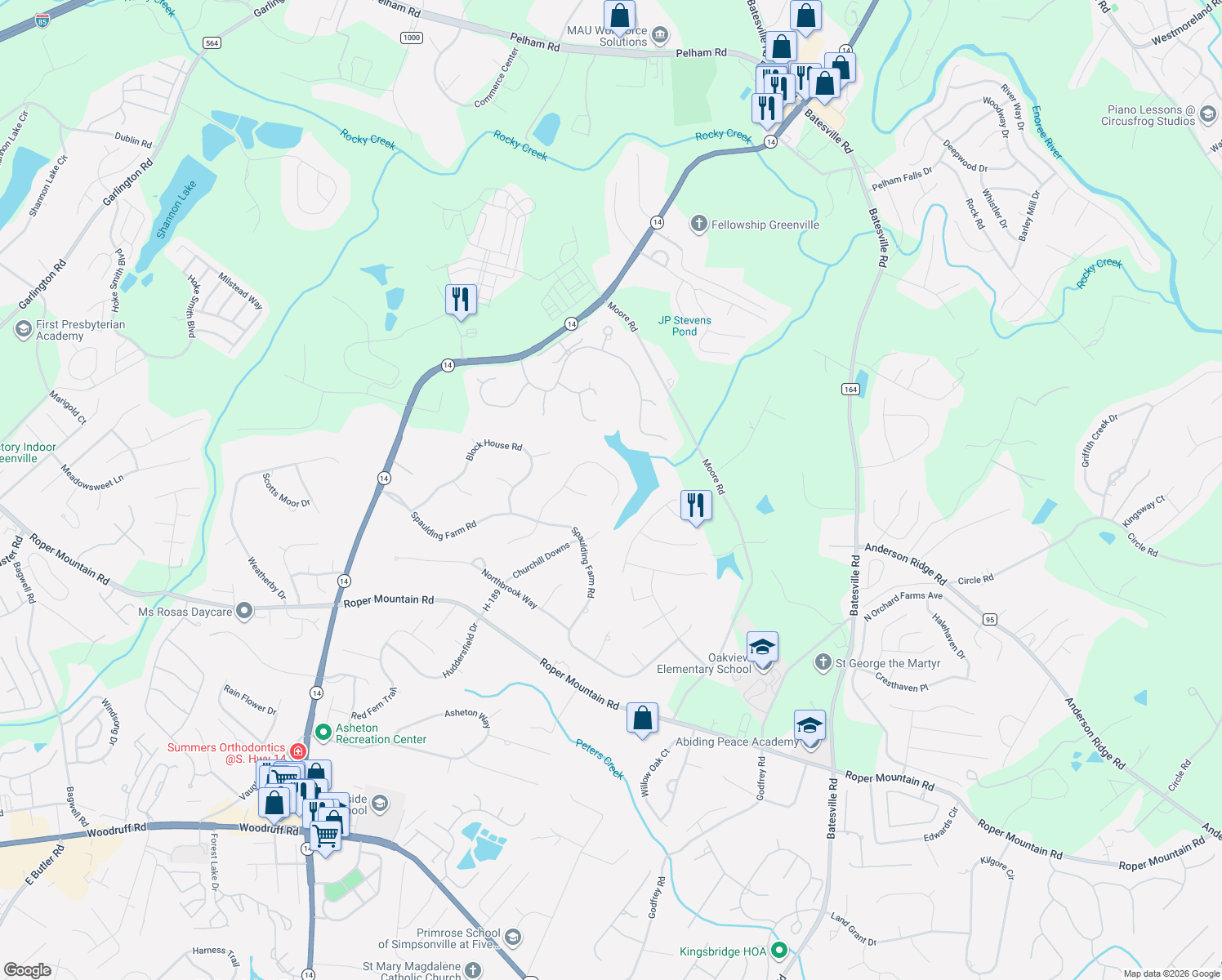 map of restaurants, bars, coffee shops, grocery stores, and more near 518 Spaulding Lake Drive in Greenville