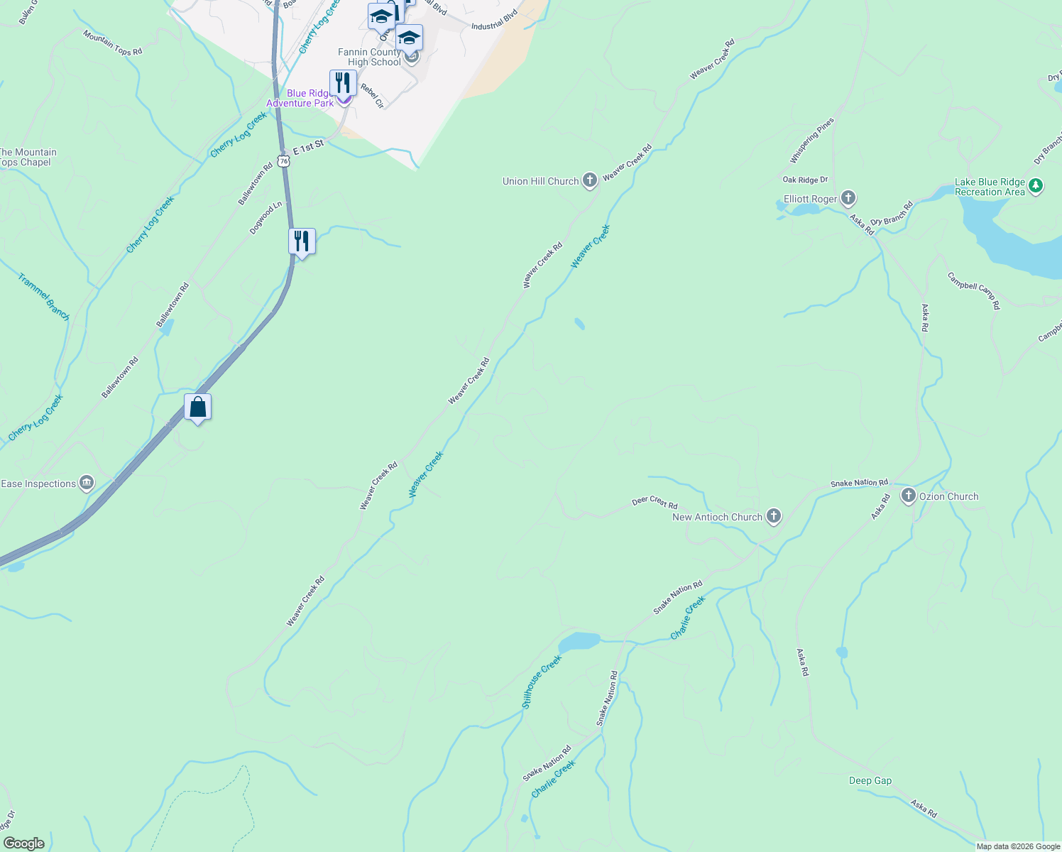 map of restaurants, bars, coffee shops, grocery stores, and more near 629 Weaver Creek Way in Blue Ridge