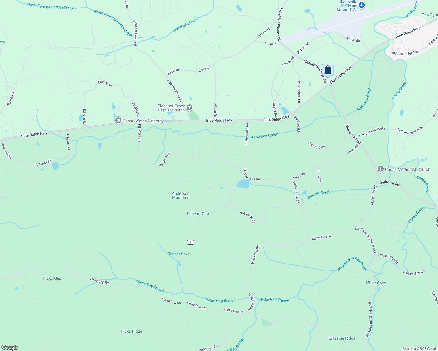 map of restaurants, bars, coffee shops, grocery stores, and more near 2832 Critter Haven Drive in Blairsville