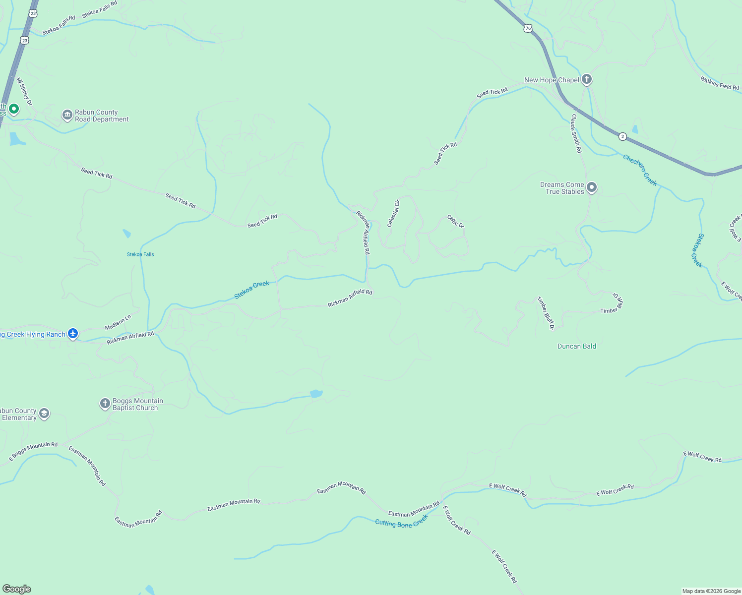 map of restaurants, bars, coffee shops, grocery stores, and more near 16 Tuts Mountain Road in Clayton