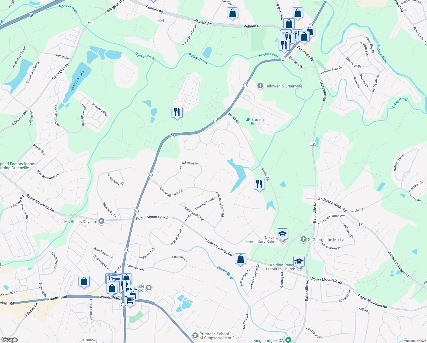 map of restaurants, bars, coffee shops, grocery stores, and more near 10 Secretariat Way in Greenville