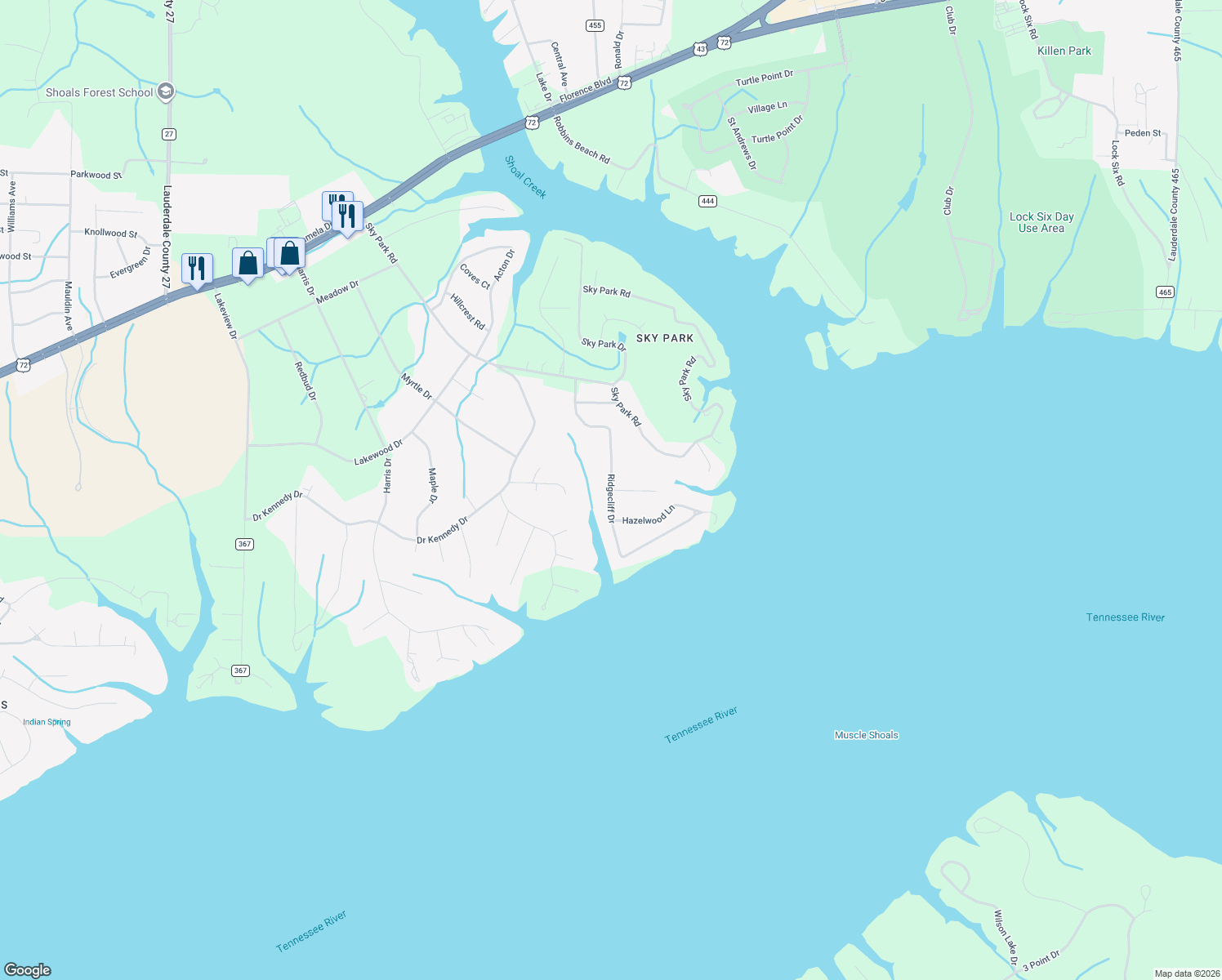 map of restaurants, bars, coffee shops, grocery stores, and more near 101 Tall Trees Drive in Florence