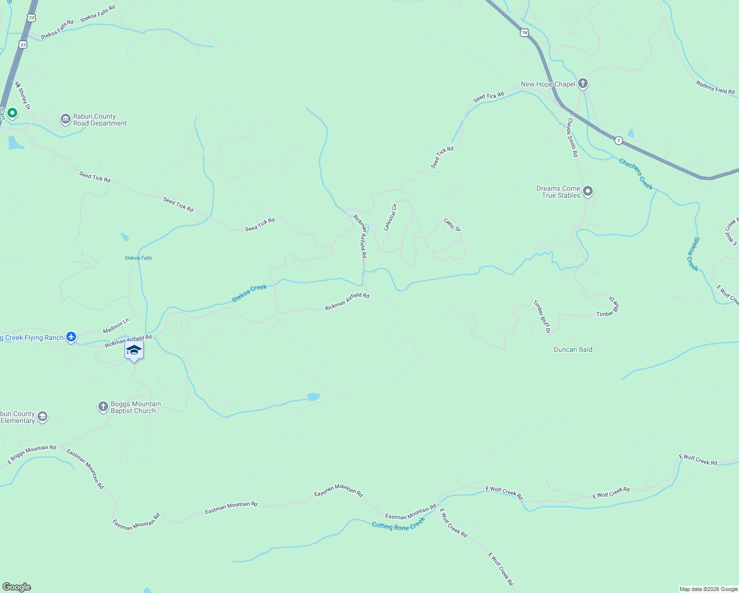 map of restaurants, bars, coffee shops, grocery stores, and more near 16 Tuts Mountain Road in Clayton