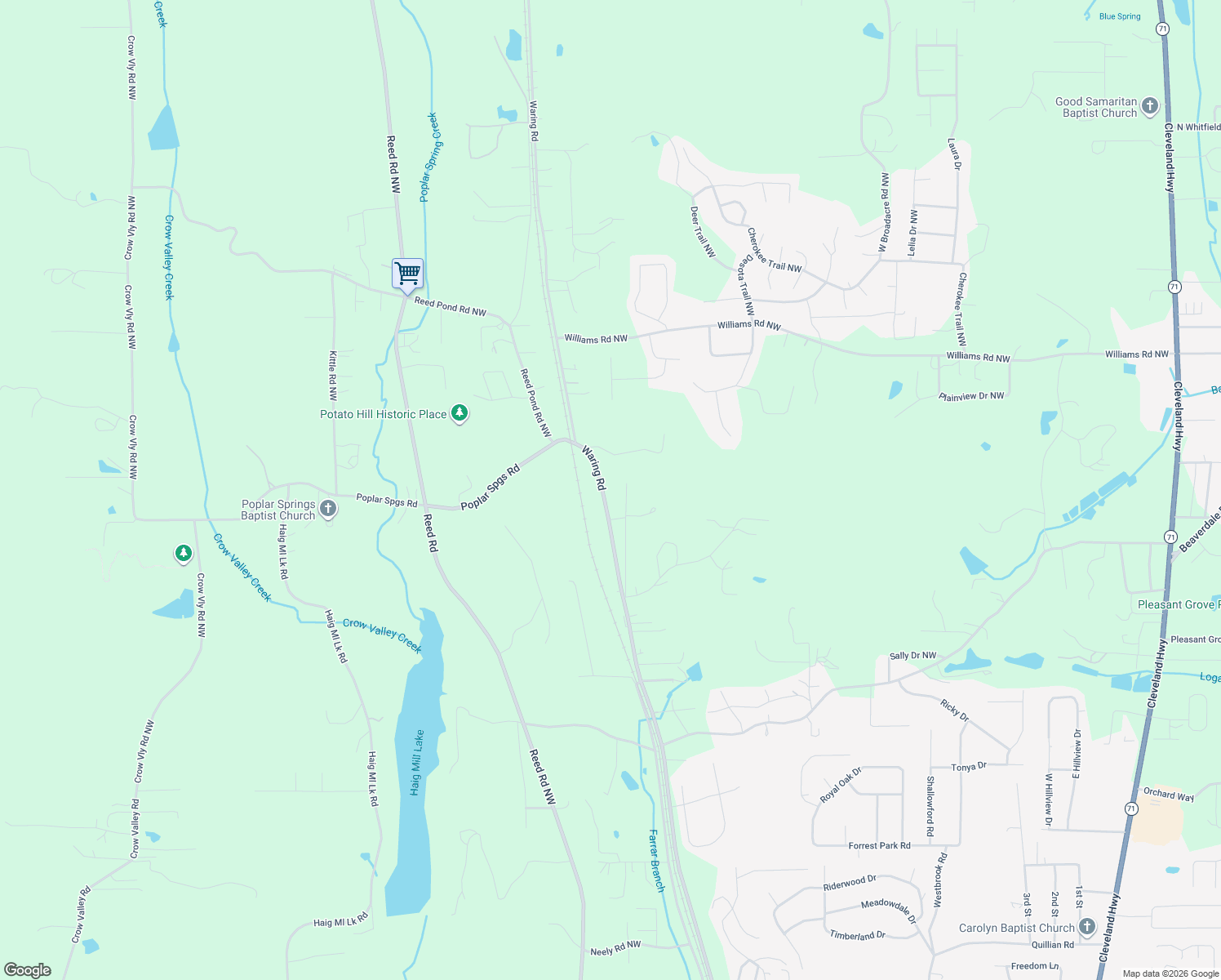 map of restaurants, bars, coffee shops, grocery stores, and more near 2267 Waring Road Northwest in Dalton