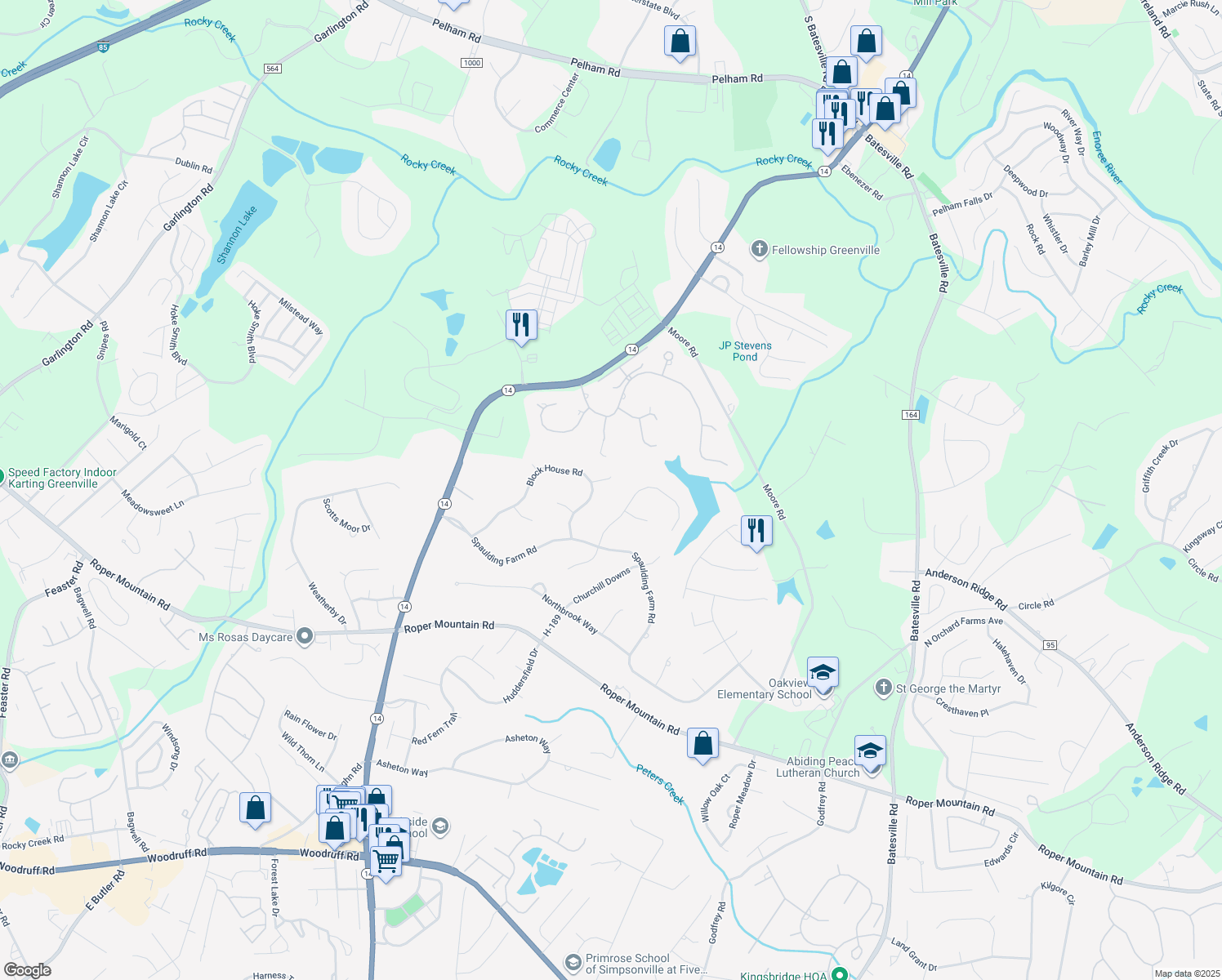 map of restaurants, bars, coffee shops, grocery stores, and more near 10 Secretariat Way in Greenville