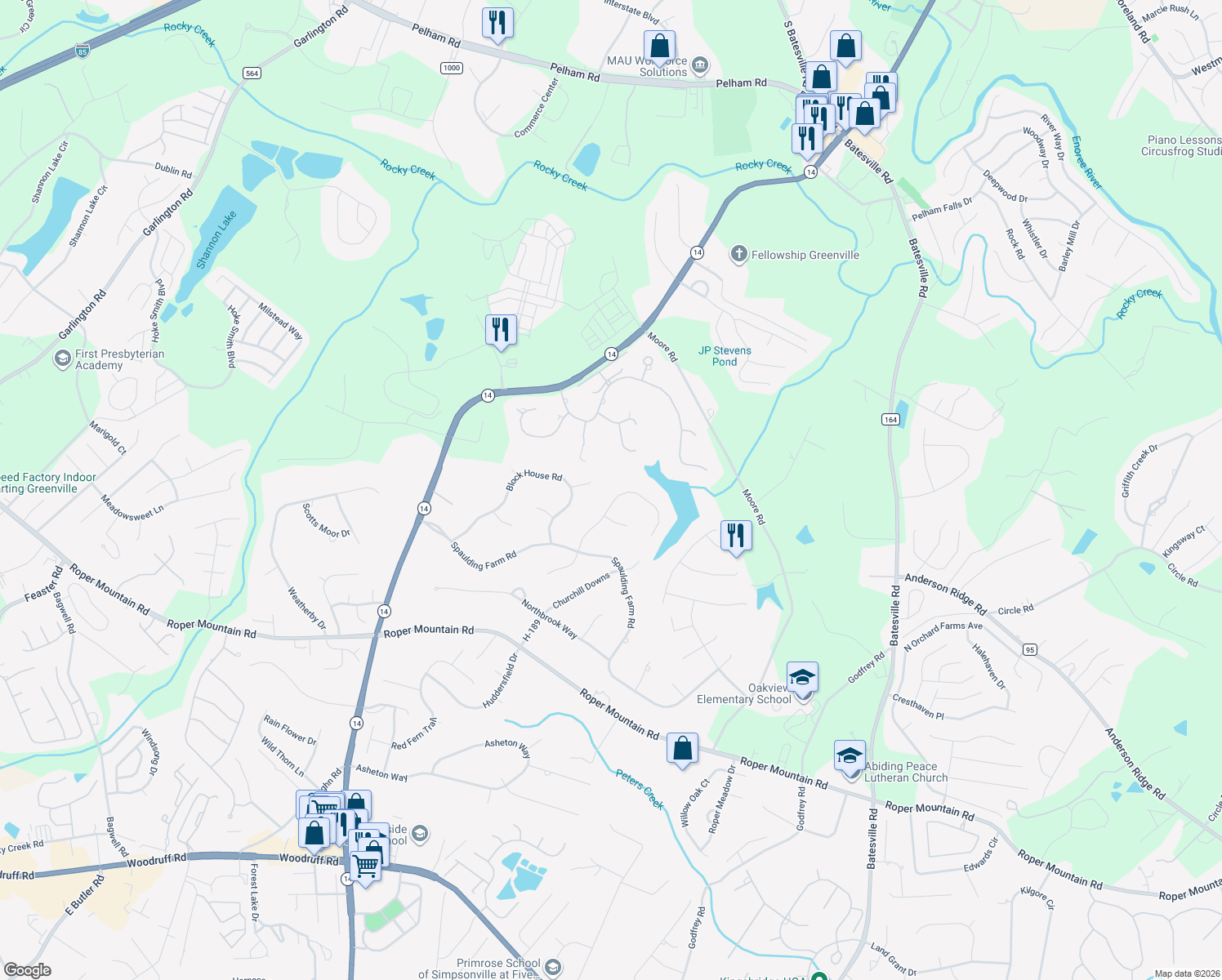 map of restaurants, bars, coffee shops, grocery stores, and more near 507 Spaulding Lake Drive in Greenville