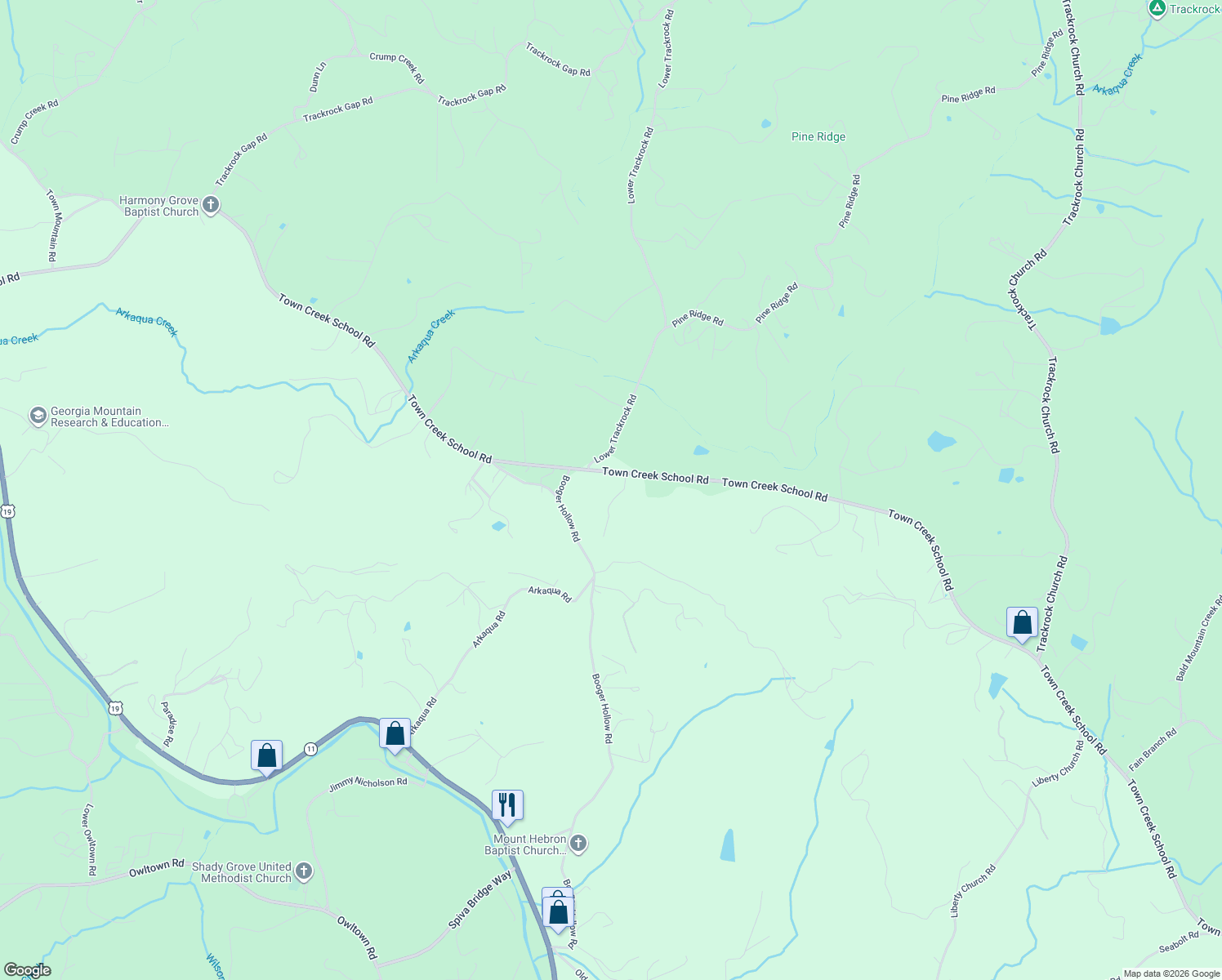 map of restaurants, bars, coffee shops, grocery stores, and more near 143 Timber Lane in Blairsville