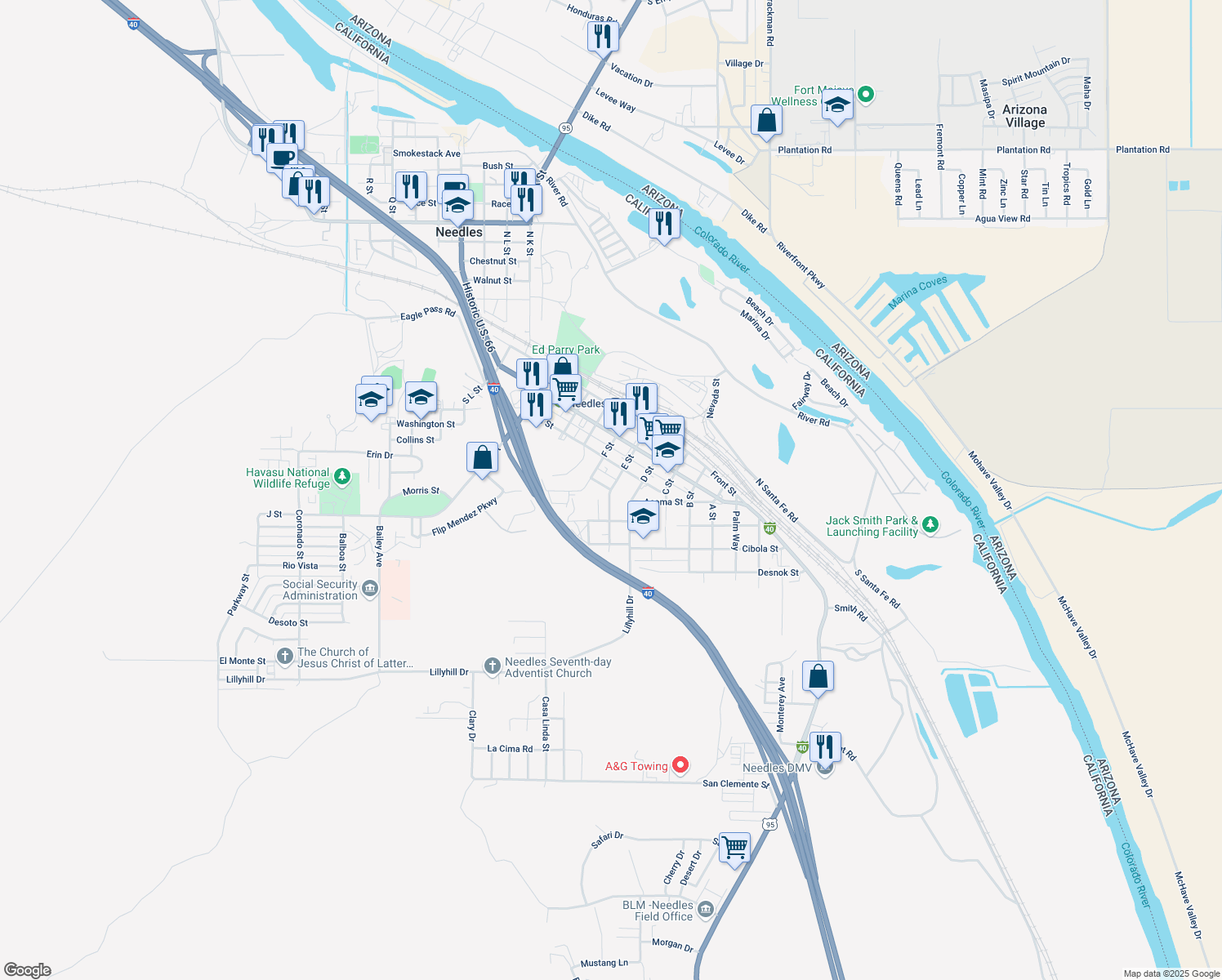 map of restaurants, bars, coffee shops, grocery stores, and more near E Street in Needles