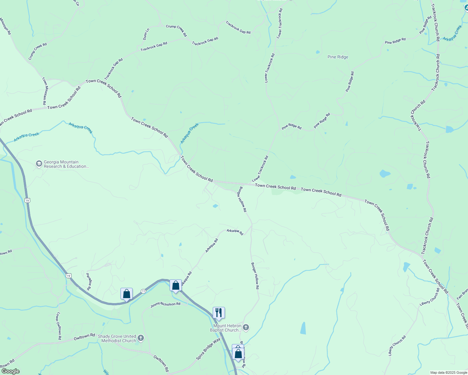 map of restaurants, bars, coffee shops, grocery stores, and more near 2987 Town Creek School Road in Blairsville