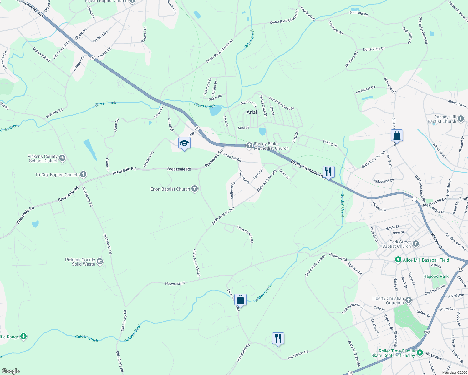 map of restaurants, bars, coffee shops, grocery stores, and more near 214 Mulberry Lane in Easley
