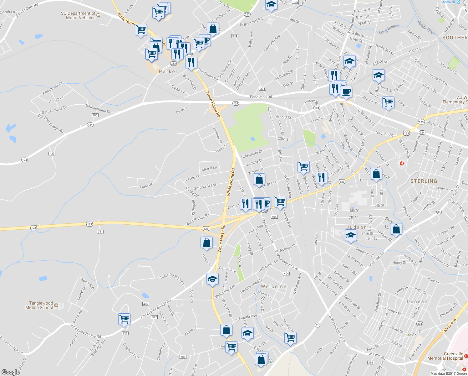 map of restaurants, bars, coffee shops, grocery stores, and more near 112 Ottaray Street in Greenville