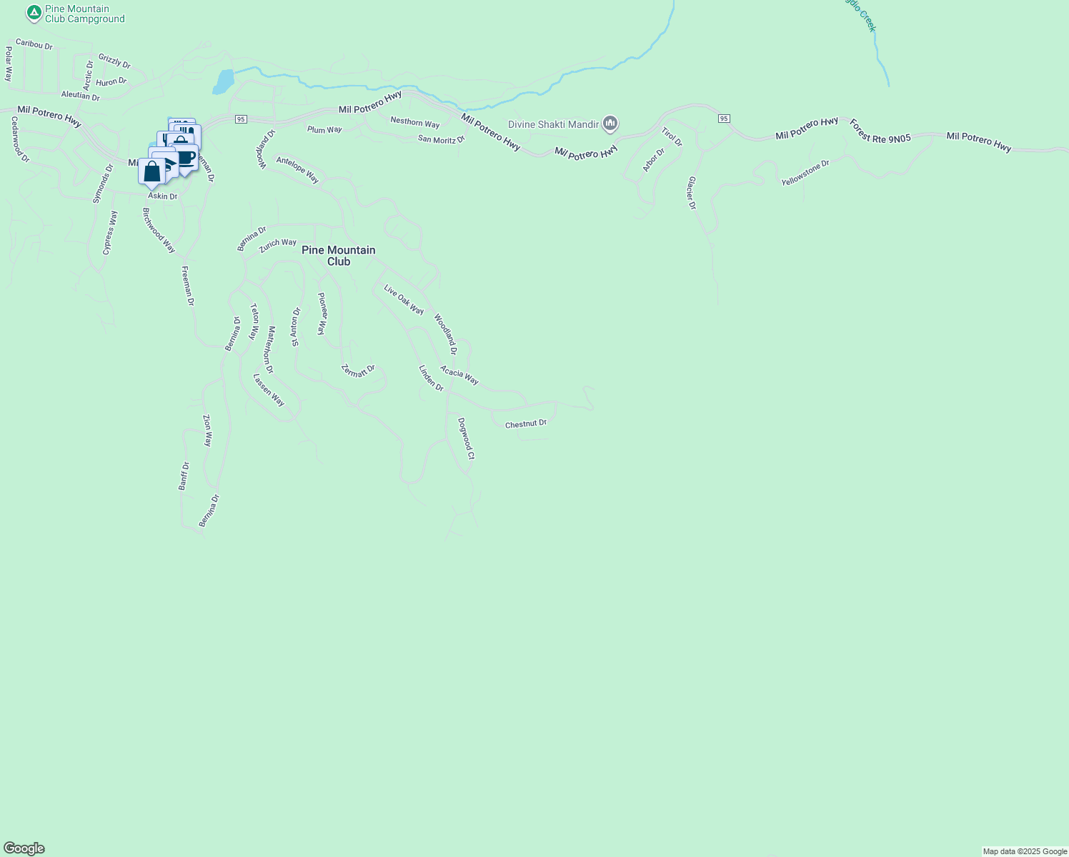 map of restaurants, bars, coffee shops, grocery stores, and more near 15028 Chestnut Drive in Pine Mountain Club