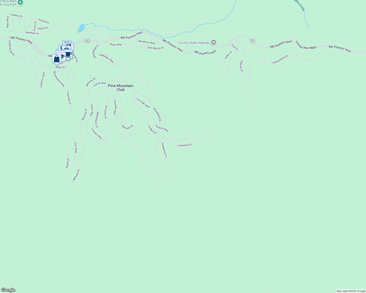 map of restaurants, bars, coffee shops, grocery stores, and more near 15125 Chestnut Drive in Pine Mountain Club