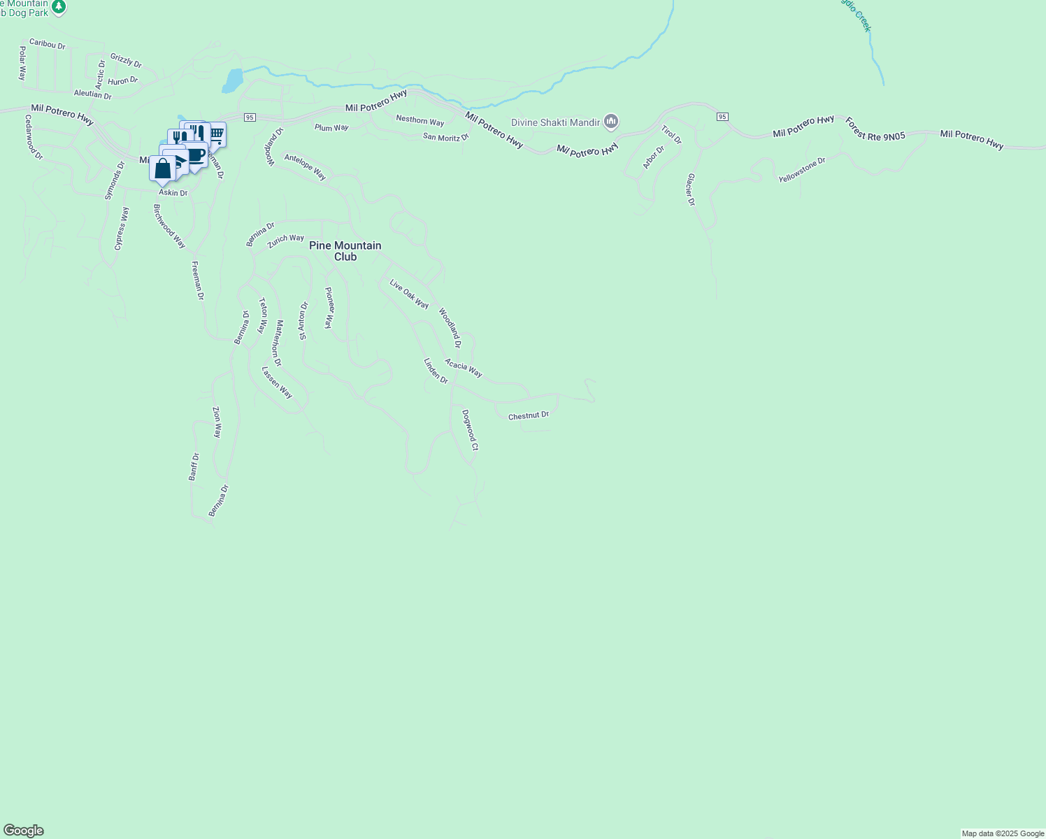 map of restaurants, bars, coffee shops, grocery stores, and more near 15125 Chestnut Drive in Pine Mountain Club