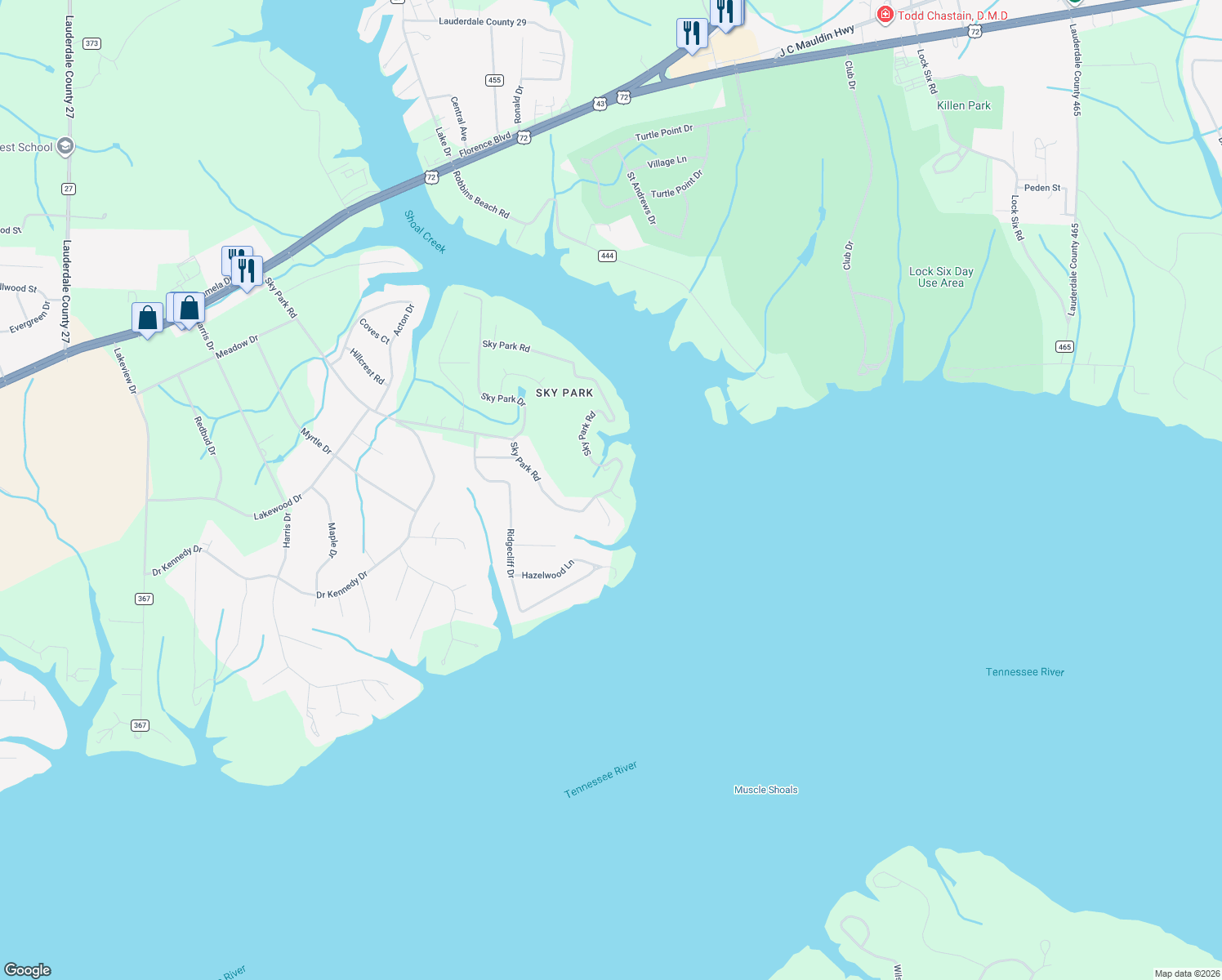 map of restaurants, bars, coffee shops, grocery stores, and more near 1495 Sky Park Road in Florence
