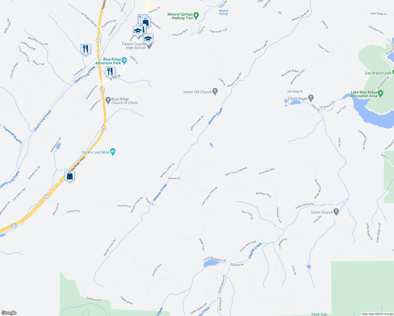 map of restaurants, bars, coffee shops, grocery stores, and more near 176 Deer Crest Heights in Blue Ridge