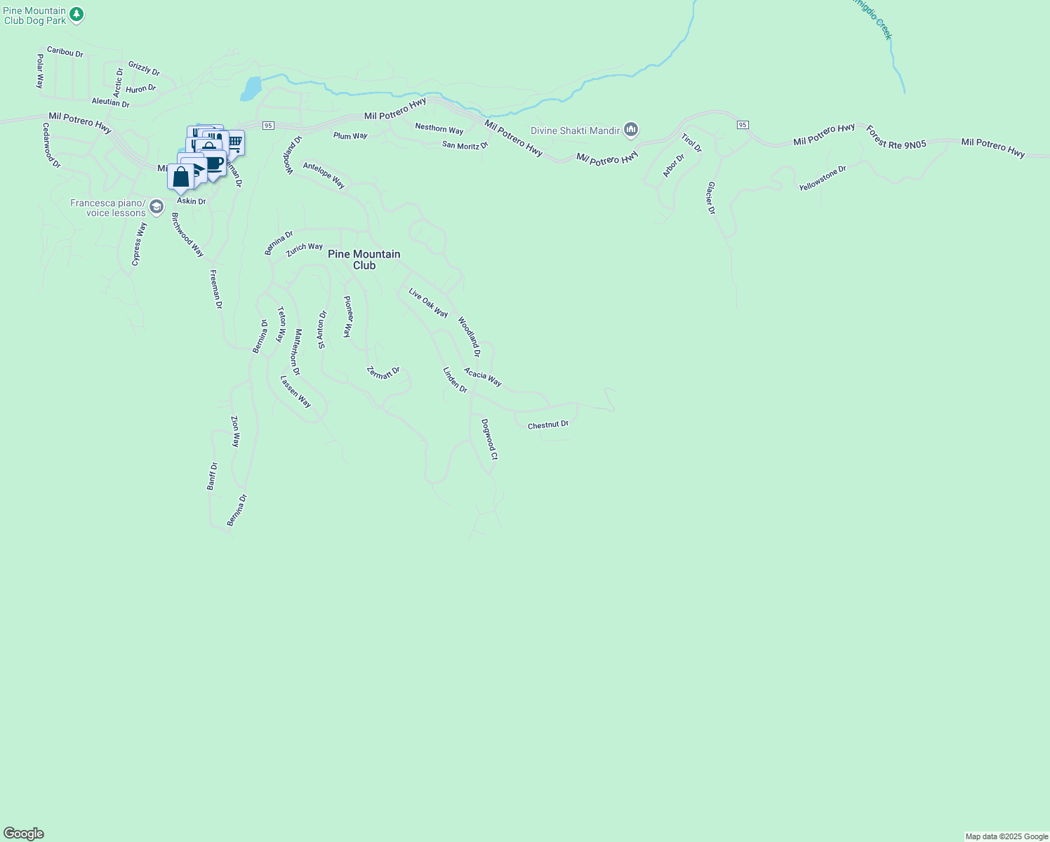 map of restaurants, bars, coffee shops, grocery stores, and more near 15201 Chestnut Drive in Pine Mountain Club