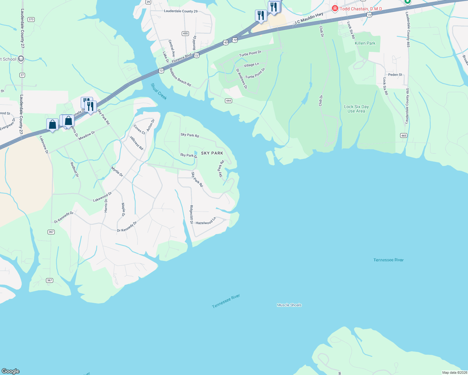 map of restaurants, bars, coffee shops, grocery stores, and more near 1495-1633 Sky Park Road in Florence