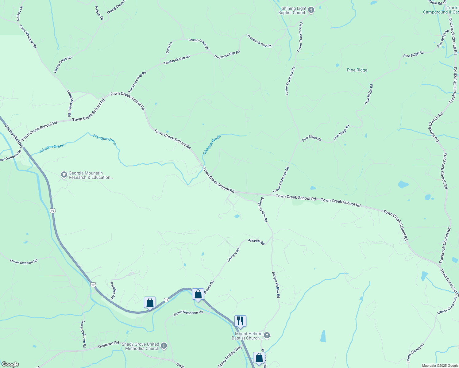 map of restaurants, bars, coffee shops, grocery stores, and more near 2987 Town Creek School Road in Blairsville