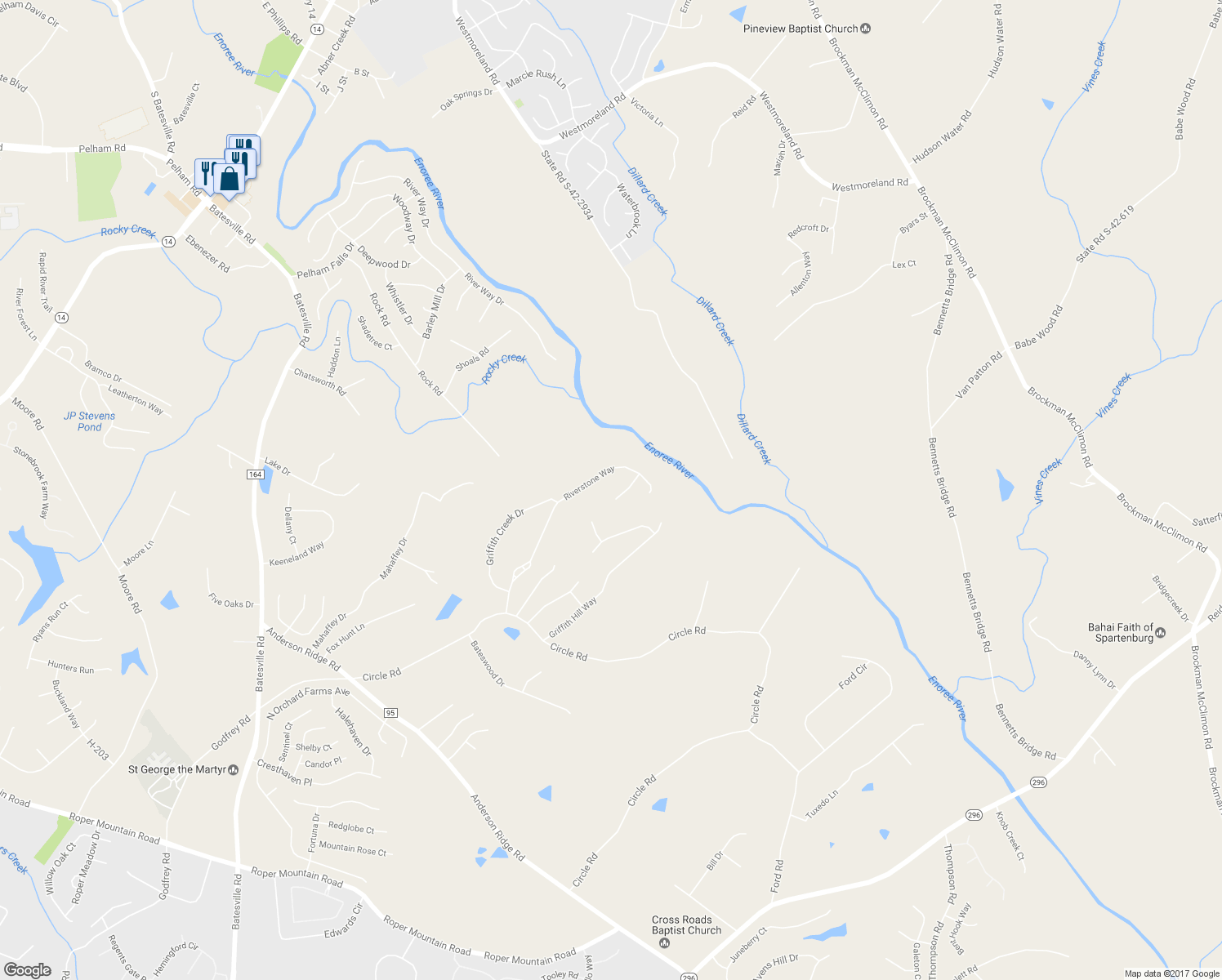 map of restaurants, bars, coffee shops, grocery stores, and more near 18 Riverbanks Court in Greer