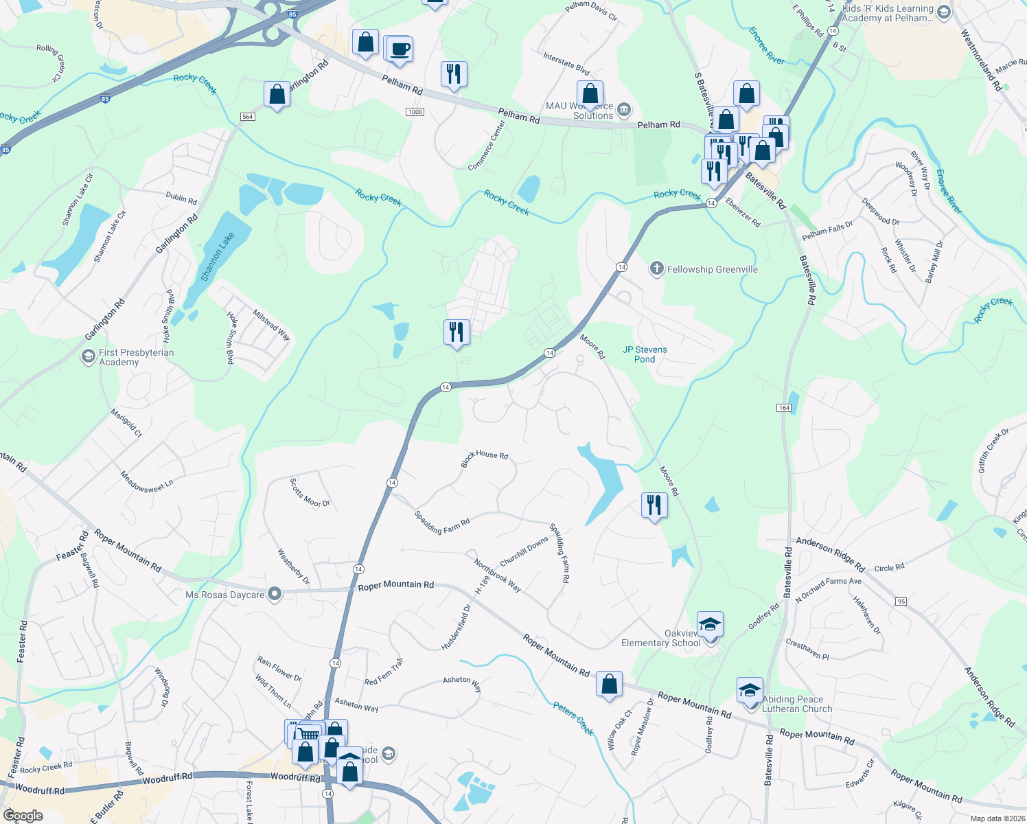 map of restaurants, bars, coffee shops, grocery stores, and more near 1 Norman Place in Greenville