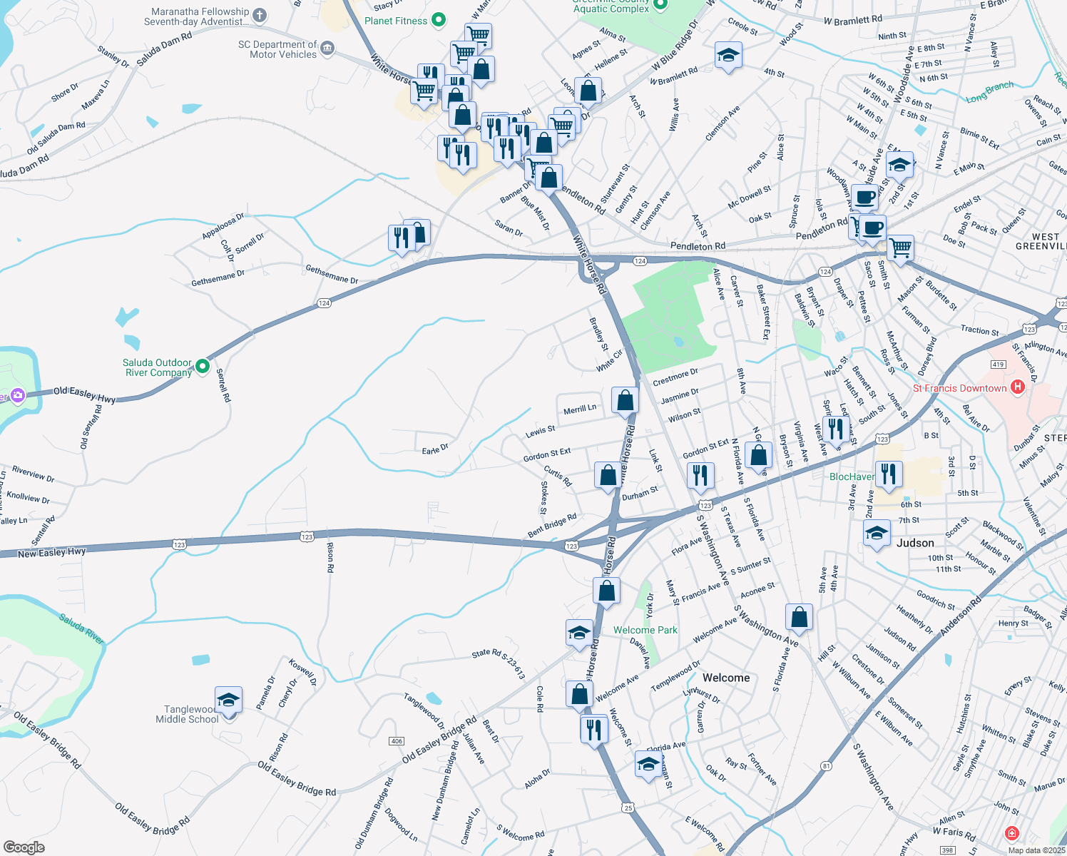map of restaurants, bars, coffee shops, grocery stores, and more near 66 Lewis Street in Greenville