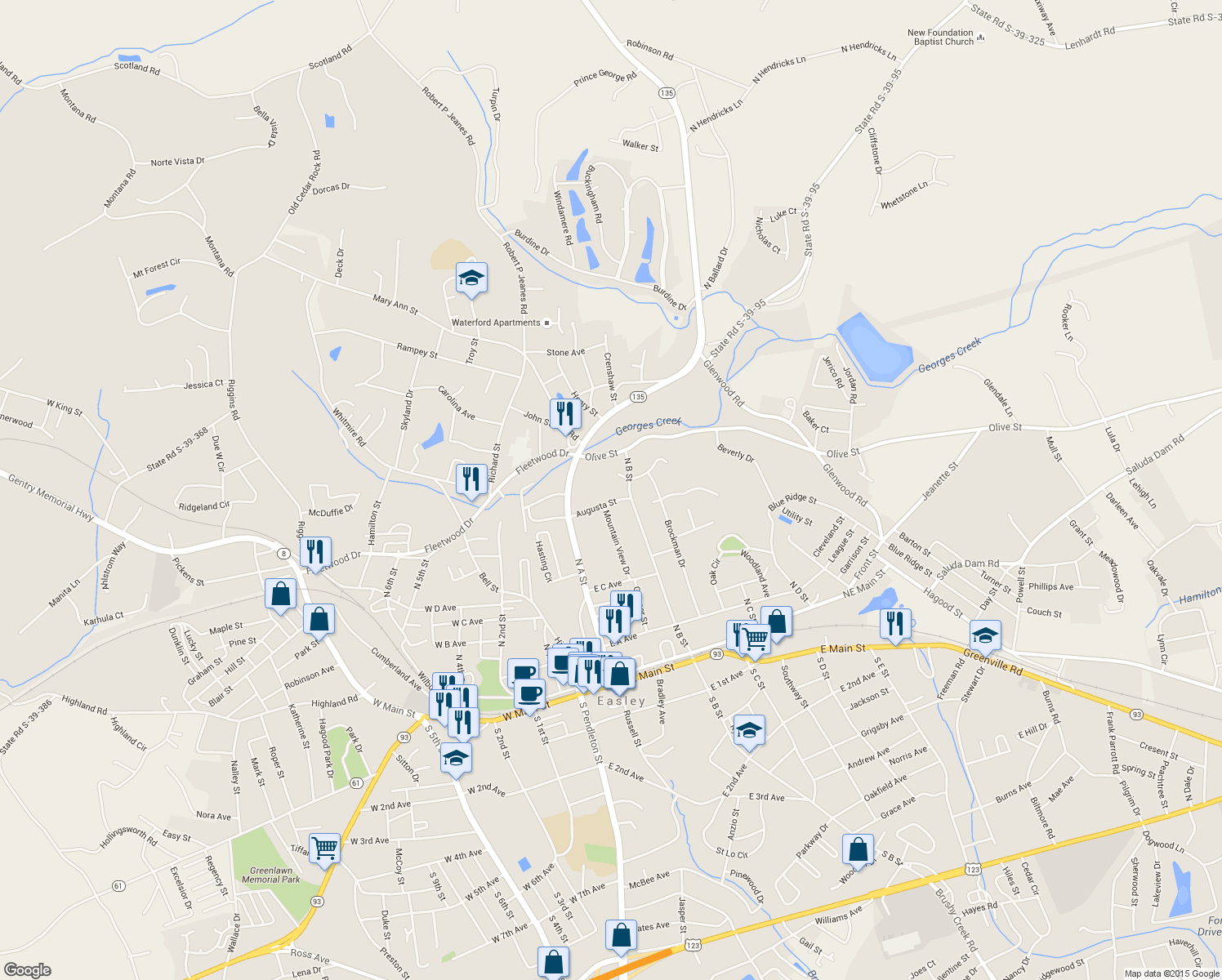 map of restaurants, bars, coffee shops, grocery stores, and more near 203 Augusta Street in Easley