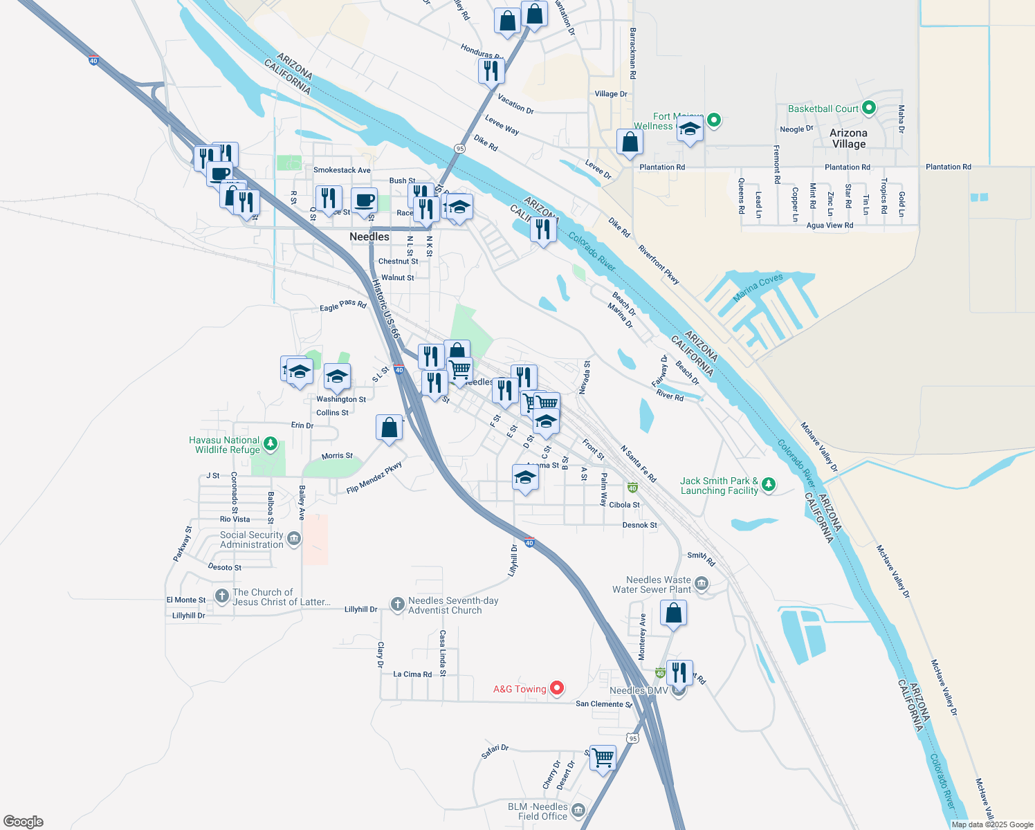 map of restaurants, bars, coffee shops, grocery stores, and more near 800 W Broadway St in Needles