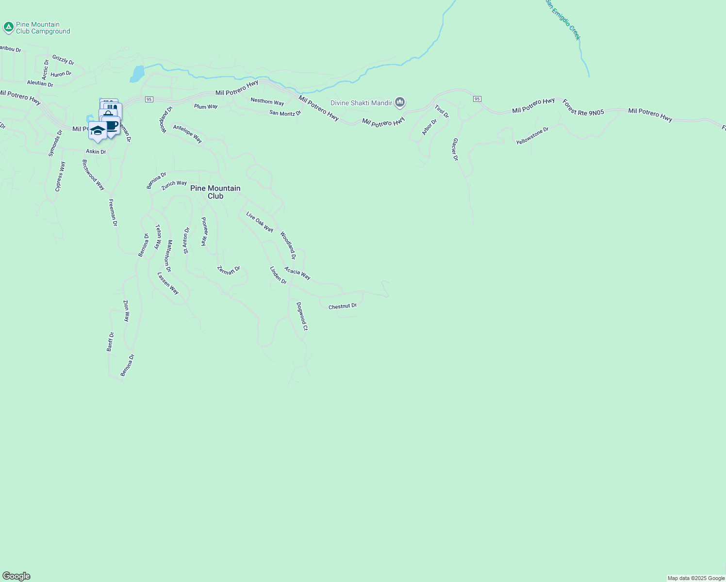 map of restaurants, bars, coffee shops, grocery stores, and more near 1316 Linden Drive in Pine Mountain Club