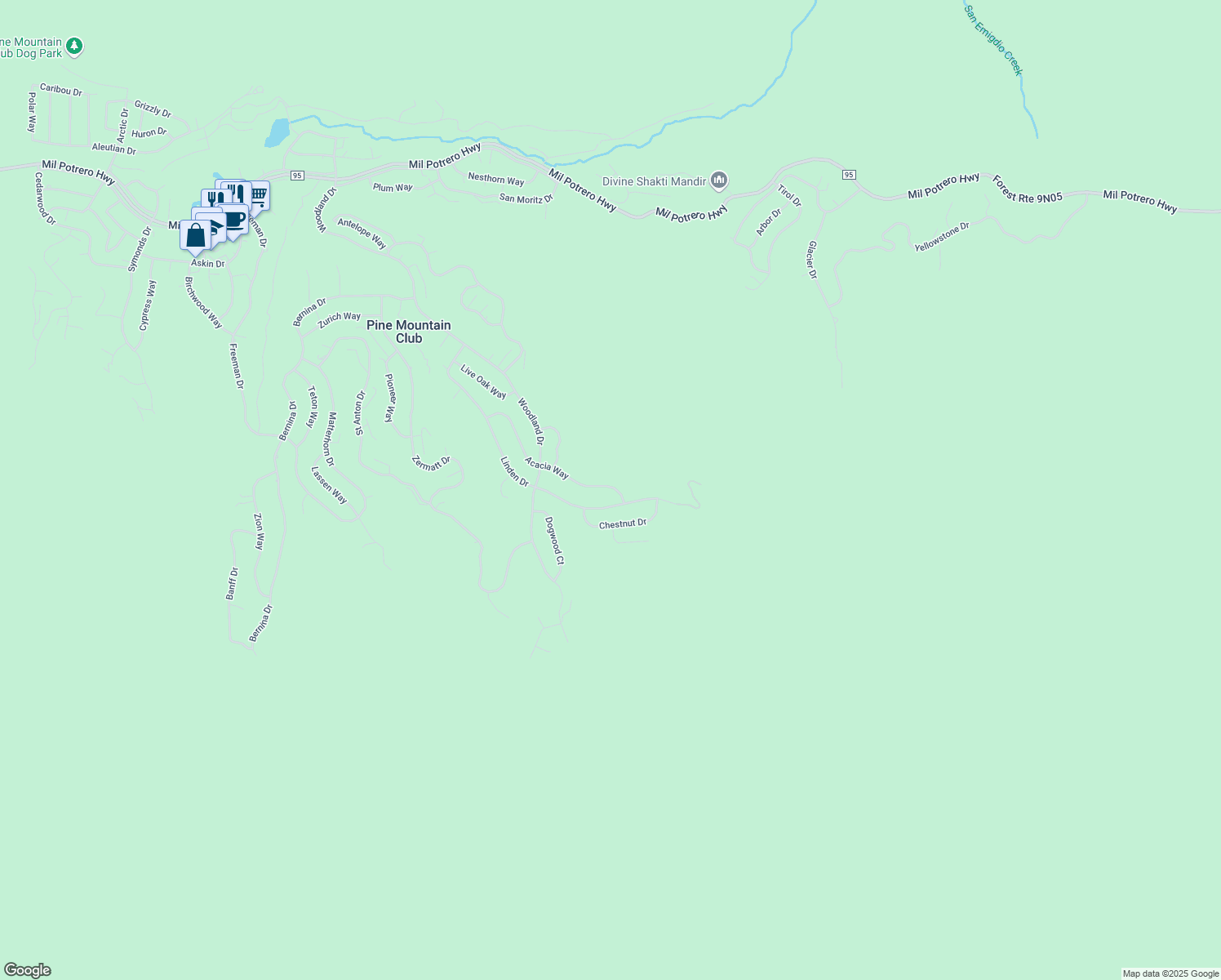 map of restaurants, bars, coffee shops, grocery stores, and more near in Pine Mountain Club