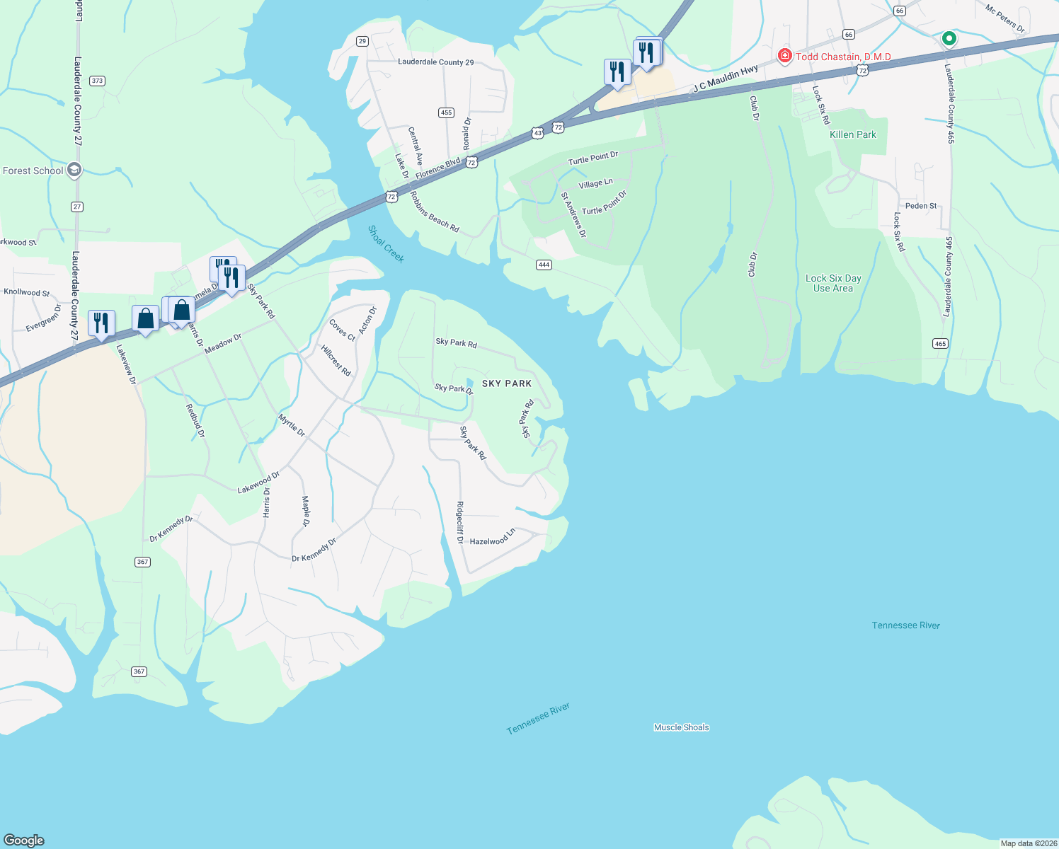 map of restaurants, bars, coffee shops, grocery stores, and more near 1700 Sky Park Road in Florence