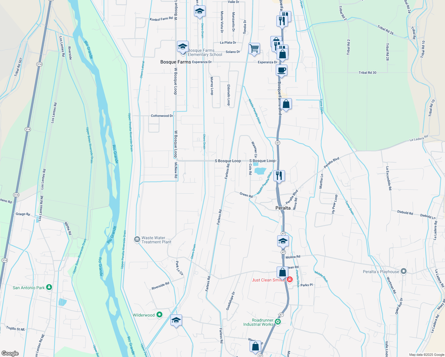 map of restaurants, bars, coffee shops, grocery stores, and more near 635 Mason Cir in Bosque Farms
