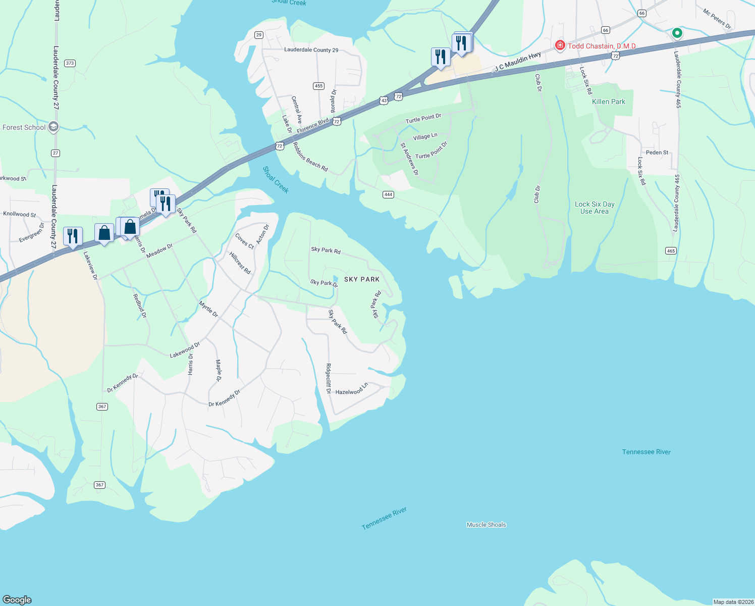map of restaurants, bars, coffee shops, grocery stores, and more near 1700 Sky Park Road in Florence