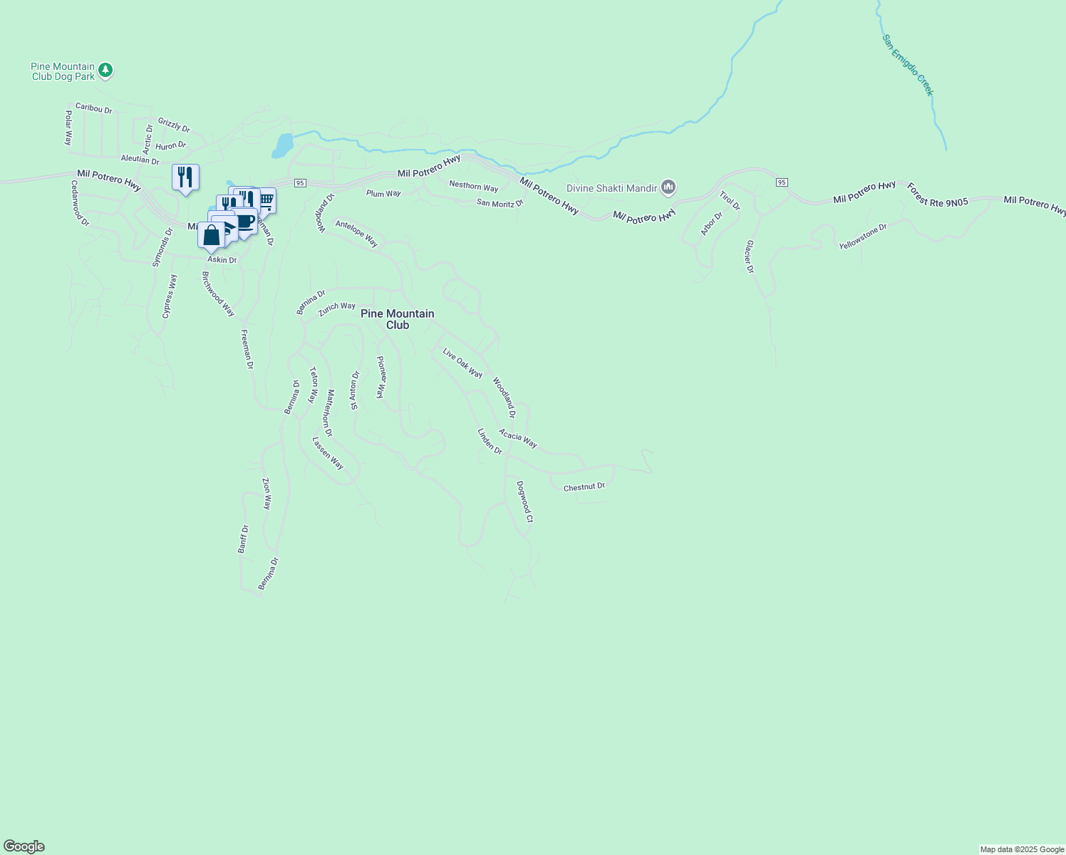 map of restaurants, bars, coffee shops, grocery stores, and more near 1808 Poplar Way in Frazier Park