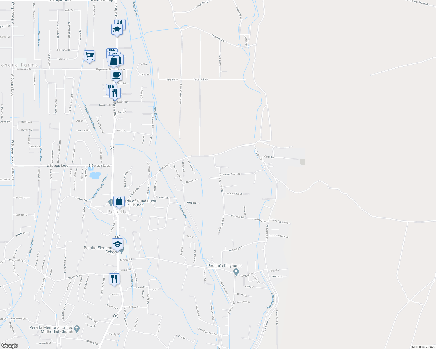 map of restaurants, bars, coffee shops, grocery stores, and more near 14 La Escondida Road in Peralta