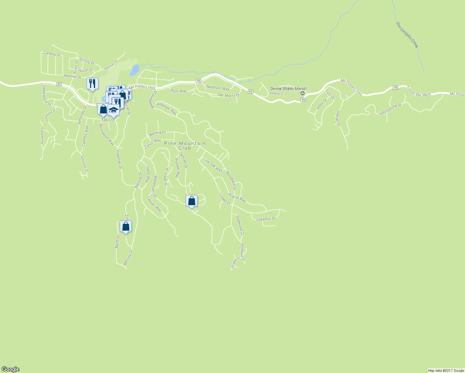 map of restaurants, bars, coffee shops, grocery stores, and more near 1813 Woodland Drive in Frazier Park